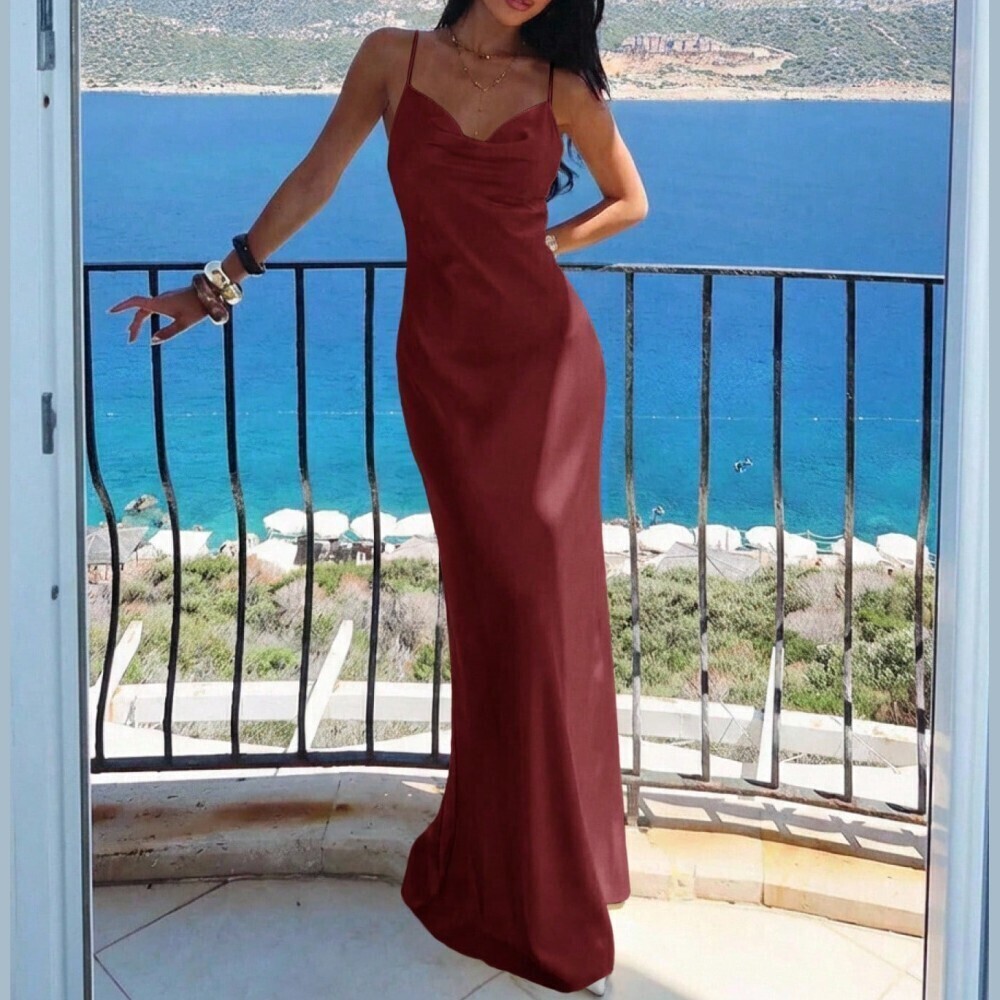 Rust Crimson Red Satin Cowl Neck Spaghetti Strap Maxi Slip Dress